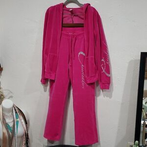 Y2K 2 Piece Hot Pink Stripper Gentleman's Club Employee Velour Tracksuit Size M